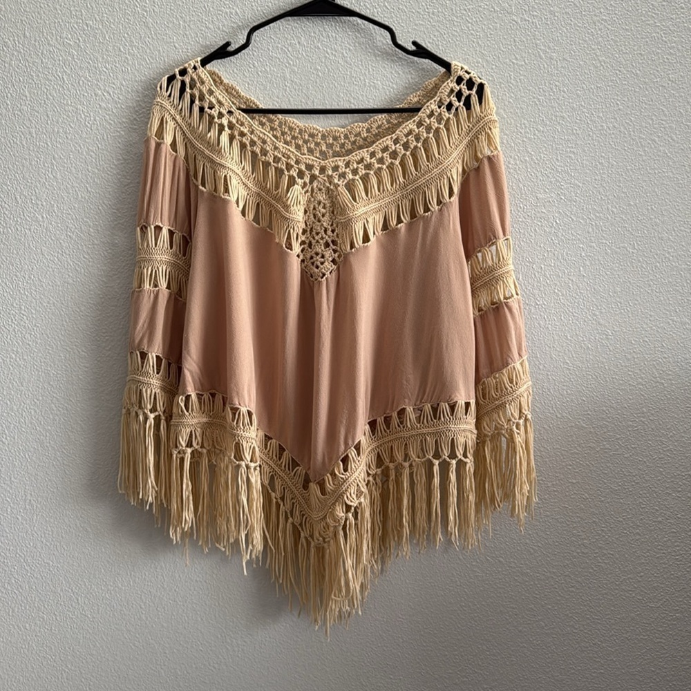 Umgee Tan Crochet Fringe Boho Top Size Medium